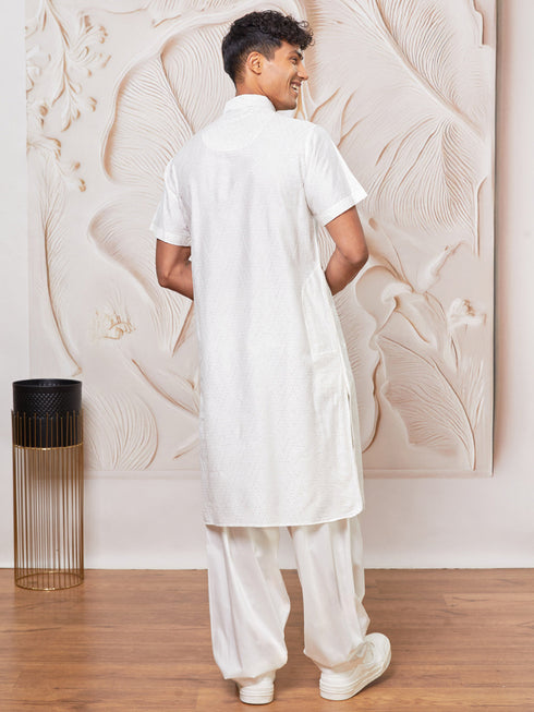 Men's White Viscose Kurta And Patiala Set